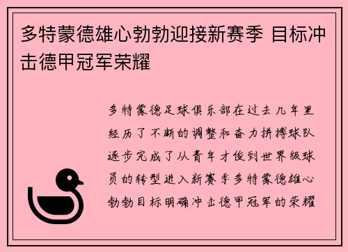 多特蒙德雄心勃勃迎接新赛季 目标冲击德甲冠军荣耀