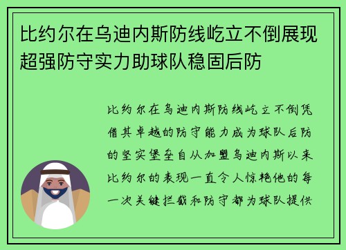 比约尔在乌迪内斯防线屹立不倒展现超强防守实力助球队稳固后防